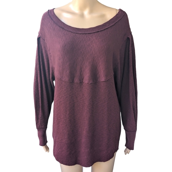 Unavailable. NWOT FREE PEOPLE OG Volume Sleeves Thermal Pullover in Cherry Cola - Picture 7 of 12